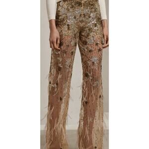 Ralph Lauren Purple Label Sheer Pants Sequin Feathers High Rise Womens XL